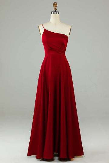 A-Line One Ramię Burgundy Long Bridesmaid Dress z falbanami